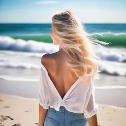 A beautiful blonde girl on the beach, viewed from behind