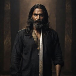 A towering and menacing middle-aged Indian man with long hair and a beard, set against a dark, eerie backdrop. He wields a long sword covered in ominous gold engravings