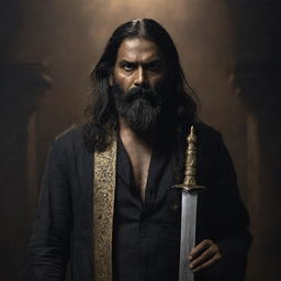 A towering and menacing middle-aged Indian man with long hair and a beard, set against a dark, eerie backdrop. He wields a long sword covered in ominous gold engravings