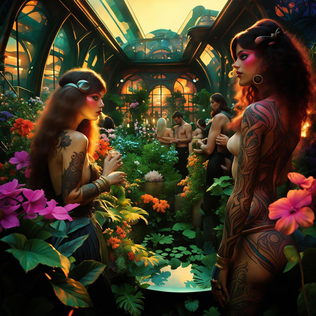 Art nouveau inspired futuristic garden party on the roof of a glass cyber-organic city, with full-body Atlantis-inspired tattoos