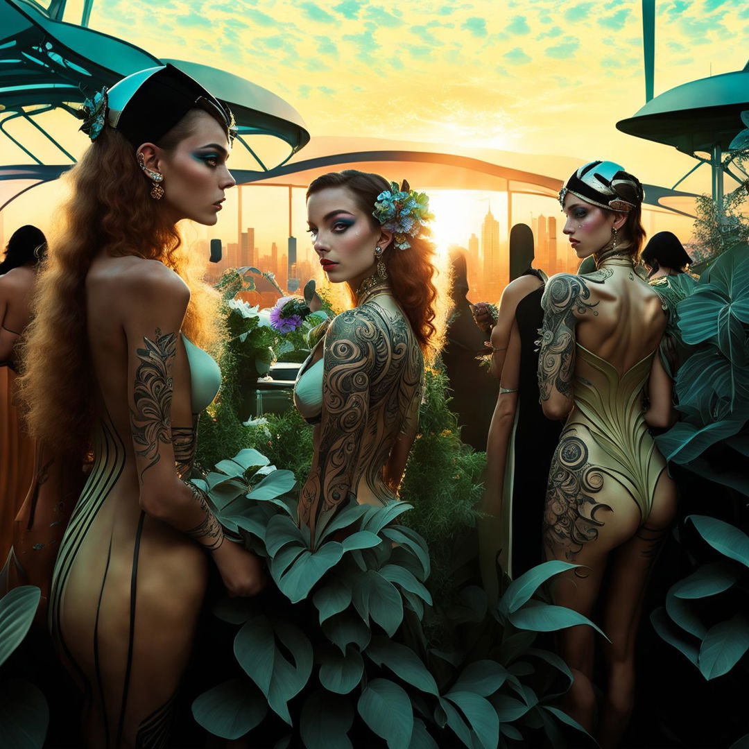 Art nouveau inspired futuristic garden party on the roof of a glass cyber-organic city, with Atlantis-inspired full body tattoos