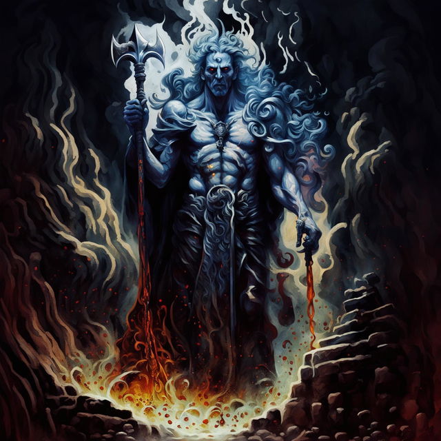 Hades, the Greek god of the underworld, stands in a fiery, hellish landscape with molten lava, jagged rocks, and tormented souls