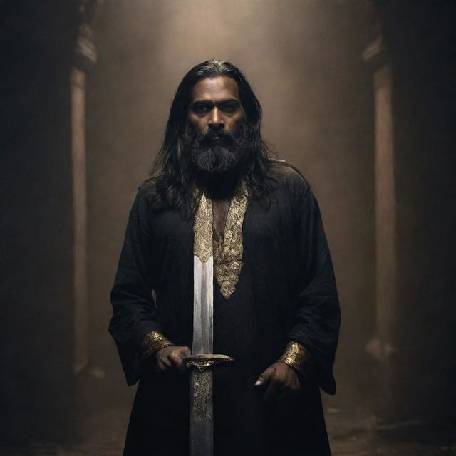 A towering and menacing middle-aged Indian man with long hair and a beard, set against a dark, eerie backdrop. He wields a long sword covered in ominous gold engravings