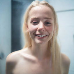 A 20-year-old blonde girl with a pretty face, standing in the shower