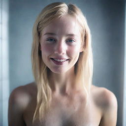 A 20-year-old blonde girl with a pretty face, standing in the shower