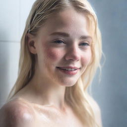 A 20-year-old blonde girl with a pretty face, standing in the shower