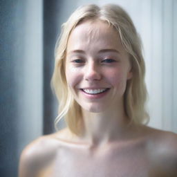 A 20-year-old blonde girl with a pretty face, standing in the shower