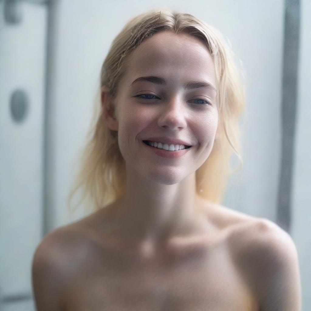 A 20-year-old blonde girl with a pretty face, standing in the shower