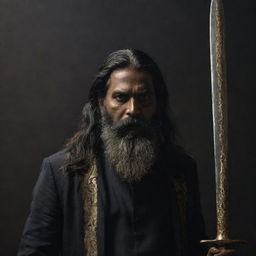 A towering and menacing middle-aged Indian man with long hair and a beard, set against a dark, eerie backdrop. He wields a long sword covered in ominous gold engravings