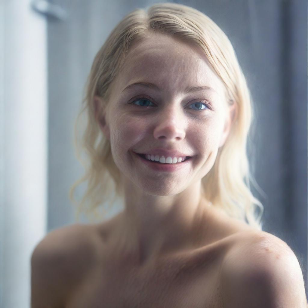 A 20-year-old blonde girl with a pretty face, standing in the shower