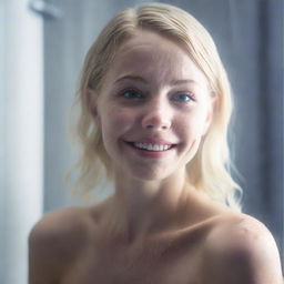 A 20-year-old blonde girl with a pretty face, standing in the shower