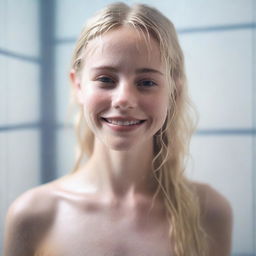 A 20-year-old blonde girl with a pretty face, standing in the shower