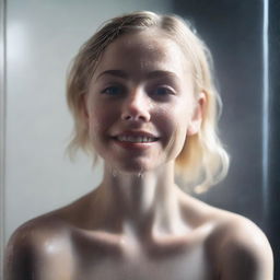 A 20-year-old blonde girl with a pretty face, standing in the shower