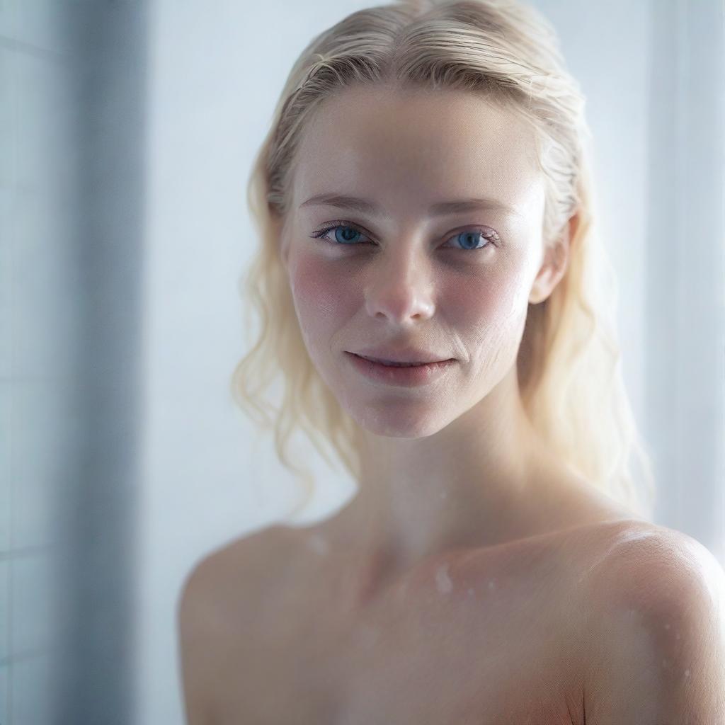 A 20-year-old blonde girl with a pretty face, standing in the shower