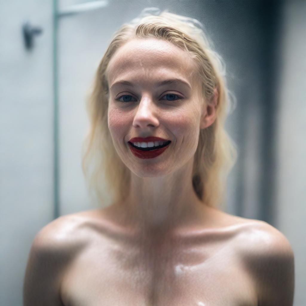 A 25-year-old blonde woman with one of the most beautiful faces, standing in the shower