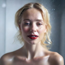 A 25-year-old blonde woman with one of the most beautiful faces, standing in the shower