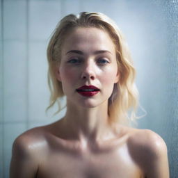 A 25-year-old blonde woman with one of the most beautiful faces, standing in the shower