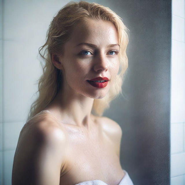 A 25-year-old blonde woman with one of the most beautiful faces, standing in the shower