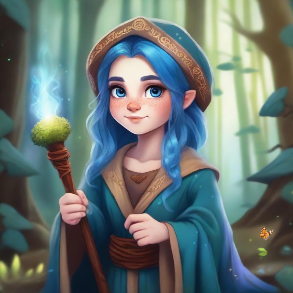 A beautiful female dwarf with brown eyes, blue hair, and freckles across her nose and cheeks