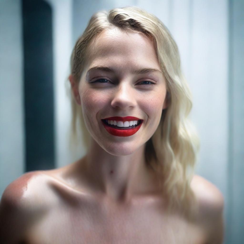 A 25-year-old blonde woman with one of the most beautiful faces, standing in the shower