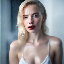 A 25-year-old blonde woman with one of the most beautiful faces, standing in the shower