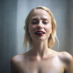 A 25-year-old blonde woman with one of the most beautiful faces, standing in the shower