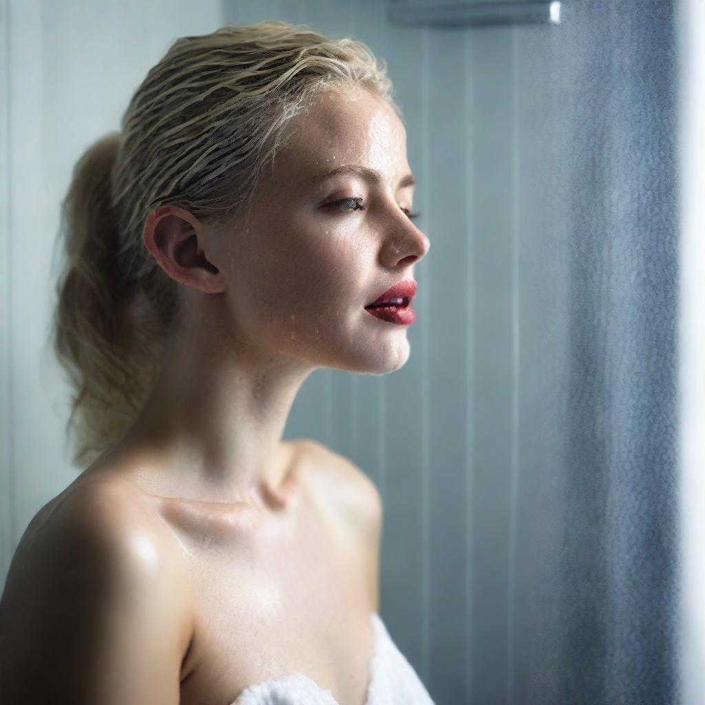 A 25-year-old blonde woman with one of the most beautiful faces, standing in the shower