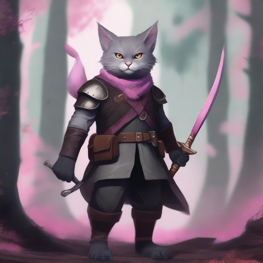 A thin dark grey tabaxi with short fur and a big mustache