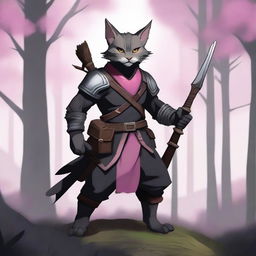 A thin dark grey tabaxi with short fur and a big mustache