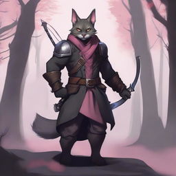 A thin dark grey tabaxi with short fur and a big mustache