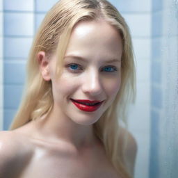 A 25-year-old blonde woman with one of the most beautiful faces, standing in the shower