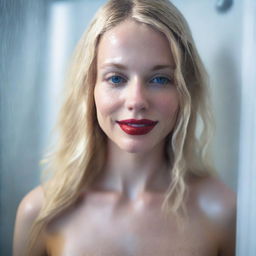 A 25-year-old blonde woman with one of the most beautiful faces, standing in the shower