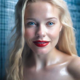 A 25-year-old blonde woman with one of the most beautiful faces, standing in the shower