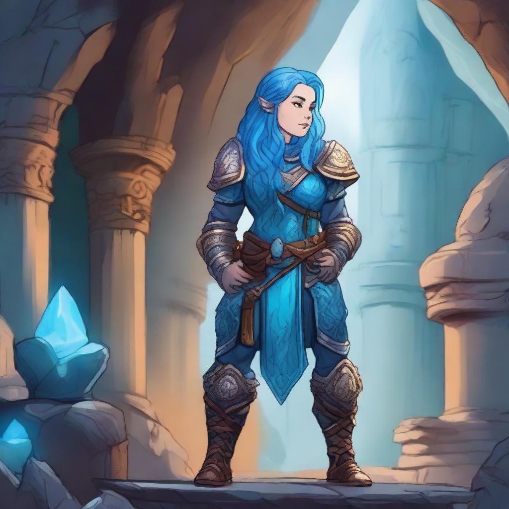 A female dwarf with vibrant blue hair, standing confidently in a fantasy setting