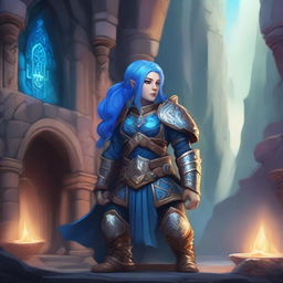 A female dwarf with vibrant blue hair, standing confidently in a fantasy setting