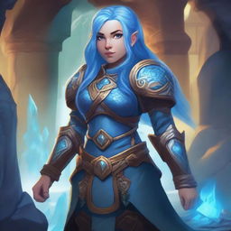 A female dwarf with vibrant blue hair, standing confidently in a fantasy setting