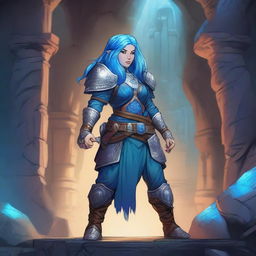 A female dwarf with vibrant blue hair, standing confidently in a fantasy setting