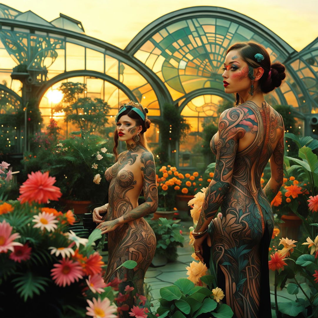 Art nouveau inspired futuristic garden party on the roof of a glass cyber-organic city, with full-body Atlantis-inspired tattoos and art nouveau fashion