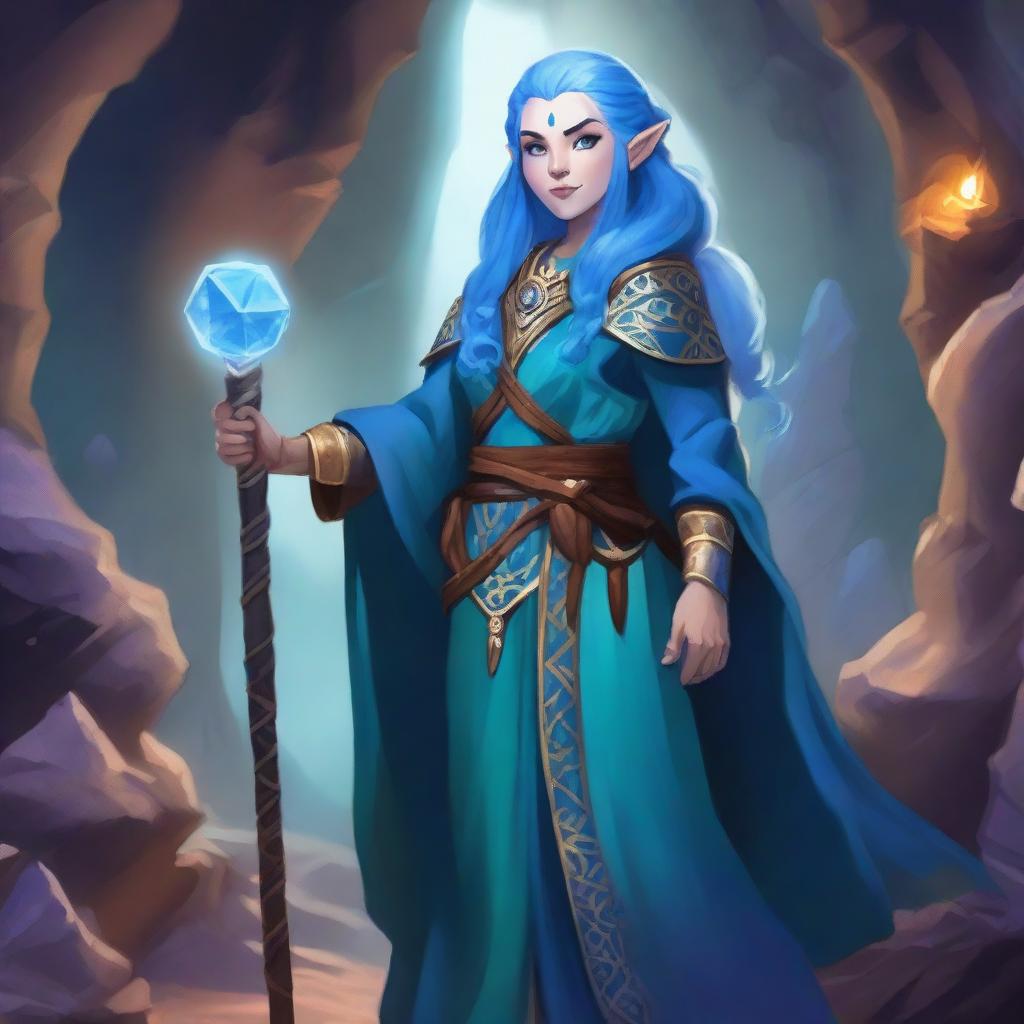 A female dwarf wizard with vibrant blue hair, standing confidently in a fantasy setting