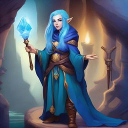 A female dwarf wizard with vibrant blue hair, standing confidently in a fantasy setting