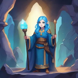 A female dwarf wizard with vibrant blue hair, standing confidently in a fantasy setting