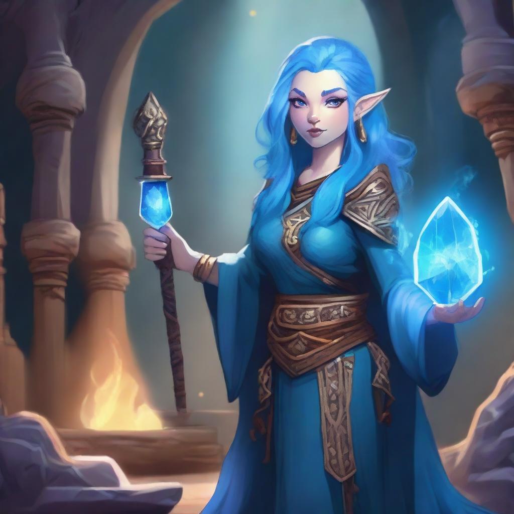 A female dwarf wizard with vibrant blue hair, standing confidently in a fantasy setting