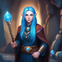 A realistic portrait of a female dwarf wizard with vibrant blue hair