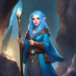 A realistic portrait of a female dwarf wizard with vibrant blue hair