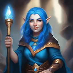 A realistic portrait of a female dwarf wizard with vibrant blue hair