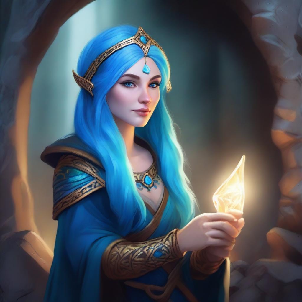 A realistic portrait of a female dwarf wizard with vibrant blue hair