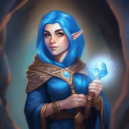 A realistic portrait of a female dwarf wizard with vibrant blue hair and freckles across her plump face