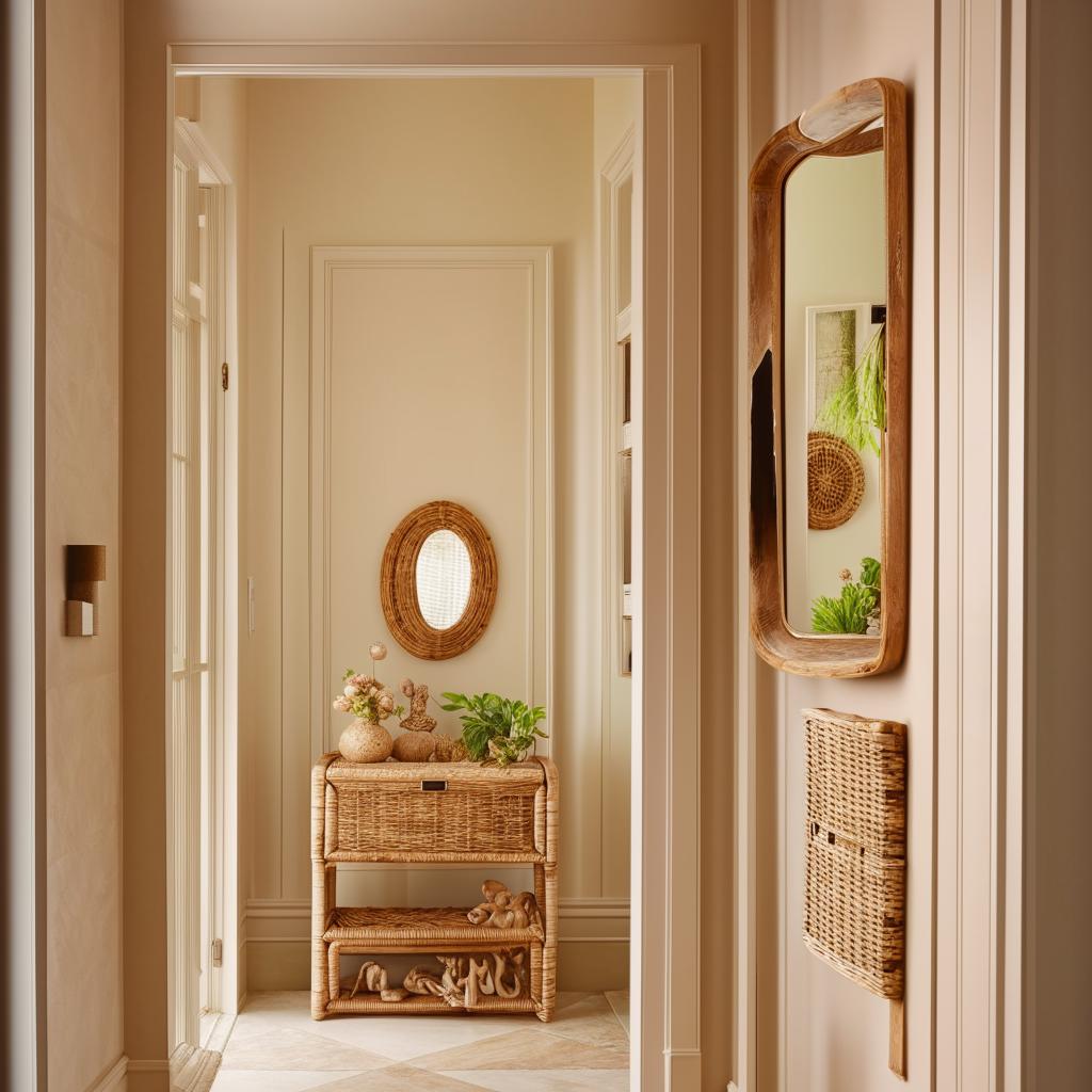 A classically designed, small entrance hall presented with a modern appeal. Decor incorporates rattan elements along with beige and pistachio color pallette, rounded out with a strategically placed mirror.