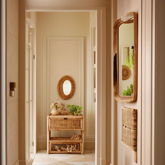 A classically designed, small entrance hall presented with a modern appeal. Decor incorporates rattan elements along with beige and pistachio color pallette, rounded out with a strategically placed mirror.