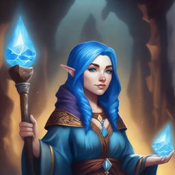 A realistic portrait of a female dwarf wizard with vibrant blue hair and freckles across her plump face